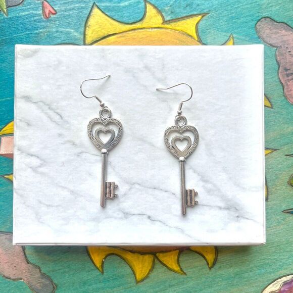 Silver Antique Skeleton Key with Heart Earrings - Picture 4 of 5